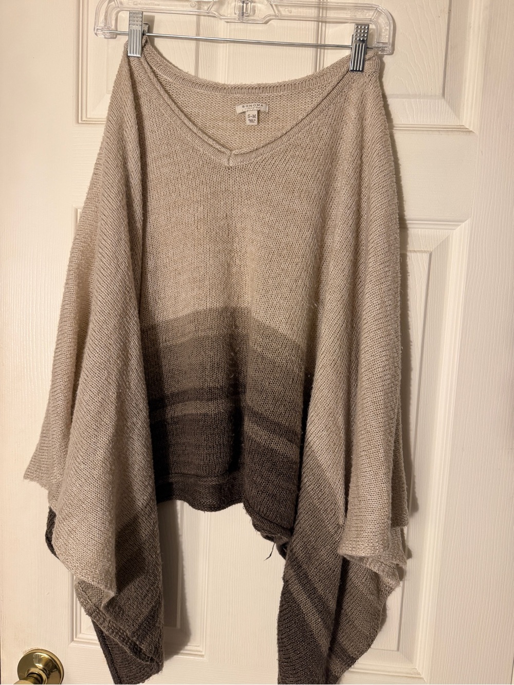 V-Neck Poncho Sweater - Beige/Grey/Brown